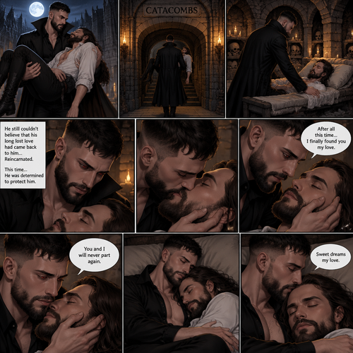 (Vampire Finn Bálor x Reincarnated Seth Rollins part 2) The Person was still walking in the night with the unconscious Seth in his arms. He walked to the catacombs,He entered the catacombs. He puts Seth on a makeshift bed,Then he looks at Seth. He still couldn’t believe that his long lost love had came back to him…Reincarnated. This time…He was determined to protect him. He gently kissed Him,then he gently placed his hand on his cheek. “After all this time…I finally found you my love” The person said softly. “You and I will never part again” The person said softly. The person laid down beside Seth on the bed,Then he gently pulled Seth in his embrace. He gently kissed his forehead. “Sweet dreams my love” The person said softly. Then he fell asleep (End of part 2)