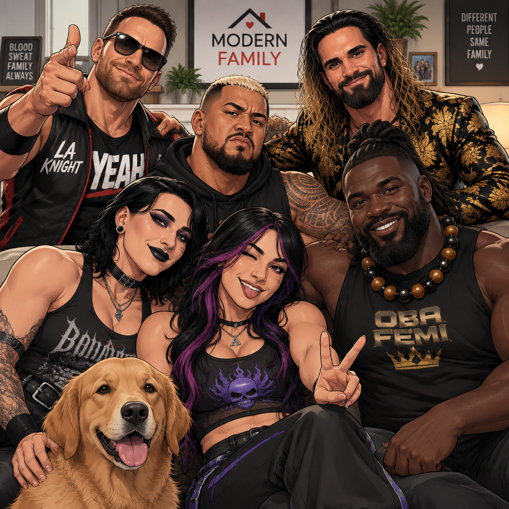 LA Knight,Solo Sikoa,Seth Rollins,Oba Femi,Rhea Ripley and Ari Stone (My wrestler oc) in modern family