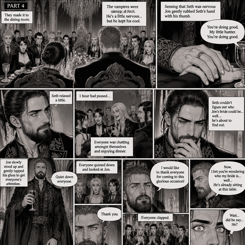 (Recap) Seth Rollins (The vampire hunter) was in a royal bedroom lost in thought,The maids knocked on the door and said “Greetings Hunter,Our King has asked us to help you get ready for the feast”,One of the maids brushed Seth’s hair and put it in a neat bun while the other maids get his fancy outfit ready,Seth puts the fancy outfit on,they left the room,Jon Moxley (the vampire king was waiting for them at the bottom of the stairs,Jon thought Seth looked perfect,He dismissed the maids,gently took Seth’s hand and walked to the dining room. (And now part 4). They made it to the dining room,there were other vampires there. Seth was a little nervous but he kept his cool. Jon and Seth took their seats,Jon’s seat was at the head of the table and Seth’s seat was right beside Jon’s. The vampires were staring at Seth,He’s a little nervous. Sensing that Seth was nervous Jon gently rubbed Seth’s hand with his thumb. “You’re doing good,My little hunter,You’re doing good” Jon whispered to Seth. Seth relaxed a little. 1 hour had passed,everyone was chatting amongst themselves and enjoying dinner. Seth couldn’t figure out who Jon’s bride could be…well….he’s about to find out. Jon slowly stood up and gently tapped his glass to get everyone attention. “Quiet down everyone” Said Jon. Everyone quieted down and looked at Jon. “Thank you” said Jon. He puts his glass on the table. “I would like to thank everyone for coming to this glorious occasion!” Said Jon. Everyone clapped. “Now,I bet you’re wondering who my bride is…well…He’s already sitting at this table” Said Jon. “Wait…did he say…He?” Seth said in his mind