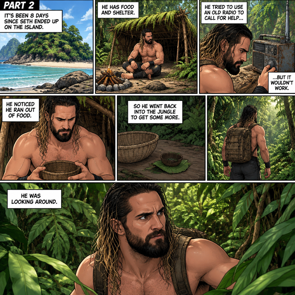 (Recap) Seth Rollins was on a cruise,then one night Thunder came,Seth got up from bed,The ship was rocking against the waves,Seth fell overboard,He swam as best he could,A wave crashed down on him,Everything went black,A few hours later,Seth woke up on shore,He was on an island,He has to figure out how to survive on the island. (And now part 2). It’s been 8 days since he ended up on the island. He has food and shelter. He tried to use an old radio to call for help but it wouldn’t work. He noticed he ran out of food,So he went back into the jungle to get some more. He was looking around