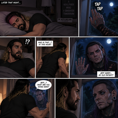 (Part 3) It’s nighttime,Seth Rollins (Psychiatrist) was asleep in his bed,Then…He heard a tap on his window,It was Jeff Hardy his old patient. Seth was shocked and ran to his window