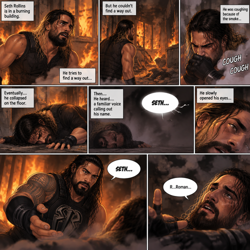 Seth Rollins is in a burning building,He tries to find a way out,he couldn’t find a way out. He was coughing because of the smoke,Eventually….he collapsed on the floor. Then….He heard….a familiar voice calling out his name. He slowly opened his eyes…it was Roman Reigns. Seth weakly called out Roman’s name