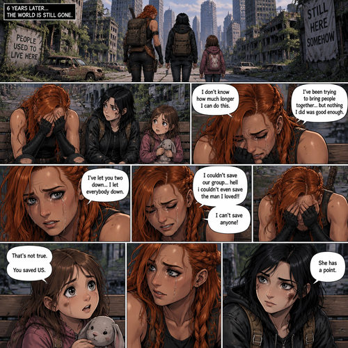 It’s a zombie apocalypse,It’s been that way for 6 years,Becky lynch is surviving with two people,A teenager named Raven and a little girl named Sophie. They used to be part of a group…but they got wiped out by Bandits and Zombies,Becky,Raven and Sophie were the only ones that managed to escape. They’re currently walking in the city. They sat down on a bench to take a break. They were silent for a while. Then…Becky started to cry. Raven and Sophie were concerned. “I don’t know how much longer I can do this” Said Becky. “I’ve been trying to bring people together…but nothing I did was good enough” Becky continued. “I’ve let you two down…I let everybody down” Becky continued. “I couldn’t save our group…hell i couldn’t even save the man I loved!!…I can’t save anyone!” Becky continued. Becky continued to cry. Raven and Sophie were sad to see Becky like this. “That’s not true” said Sophie. “You saved US” Sophie continued. Becky looked at Sophie. “She has a point” said Raven