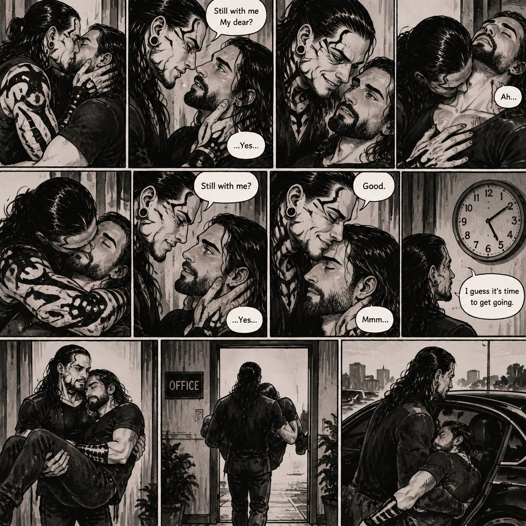 (Part 4 of the Vampire x human story). Still in Jeff Hardy’s office. Jeff was still Kissing Seth Rollins against the wall. After about a minute,Jeff pulled away. Jeff whispered in Seth’s ear “Still with me My dear?” Jeff asked softly. “…Yes…” Seth said softly. Jeff grinned. He leaned forward to Seth’s neck. Seth’s heart was racing. Jeff placed his hand on Seth’s chest to feel his heartbeat again. Seth gasped softly. Jeff gently pierced his fangs into Seth’s neck. Seth yelped softly. Jeff wrapped his arms around Seth. After awhile Jeff removed his fangs from Seth’s neck. Seth was breathing softly. Jeff gently placed his hand on Seth’s cheek. “Still with me?” Jeff asked softly. Seth looked up at Jeff while trying to keep his eyes open. “…Yes…” Seth said softly. Jeff smiled. “Good” Jeff said softly. Jeff gently kissed Seth’s forehead. Seth hummed softly. Jeff looked at the clock on the wall,it was 5:08 pm. “I guess it’s time to get going” Jeff said to himself. Jeff lifted Seth up in his arms,Then he walked out of the building and walked to his car