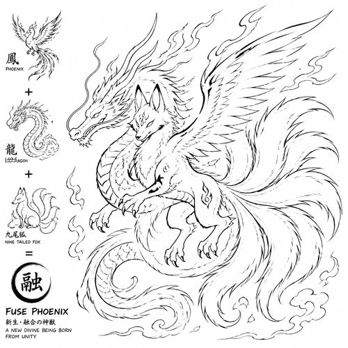 Fuse Phoenix, loung dragon and nine tailed fox into a new creature . Make it able to trace with a pencil 