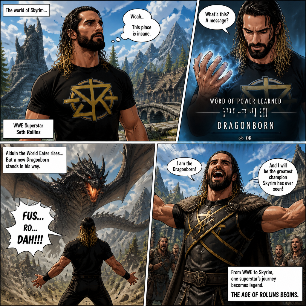 WWE superstar Seth Rollins in Skyrim discovers that he’s the Dragonborn