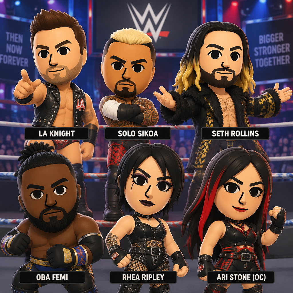 LA Knight,Solo Sikoa,Seth Rollins,Oba Femi,Rhea Ripley and Ari Stone (My wrestler oc) as Mii characters