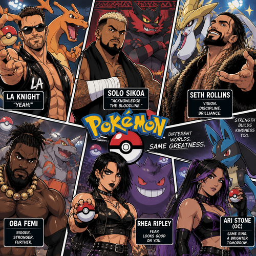 LA Knight,Solo Sikoa,Seth Rollins,Oba Femi,Rhea Ripley and Ari Stone (My Female wrestler oc) in Pokémon