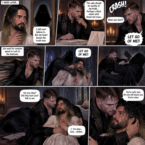 (Recap)Jon Moxley (The vampire king) and Seth Rollins (The vampire hunter…well now The bride Of Jon Moxley) were at the royal feast,Seth was stunned because Jon announced that Seth was his bride,Jon also said that the wedding would take place in 2 weeks,Seth just sat there stunned,Jon sat down and wrapped his arm around Seth and pulled him close,He gently kissed Seth’s forehead,Seth’s heart fluttered,Jon heard it and said “you’re cute,My little hunter”. (And now part 6). 1 week had passed,the wedding was coming up next week. Seth still couldn’t believe it…but his heart knows the truth now. Jon was handling the preparations for the wedding. Seth was looking in the mirror…then he saw a shadowy figure in the reflection…someone was right behind him. Jon was trying to figure out some details for the wedding cake….Then he heard a loud crashing noise coming from the bedroom,Then he heard Seth yelling “LET GO OF ME!!”. Jon used his vampire speed to rush to the bedroom. The mysterious figure was trying to drag Seth out the window. Seth was struggling to get himself free. Jon arrived just in time,He attacked the mysterious figure. Once the mysterious figure was knocked out Jon rushed over to Seth