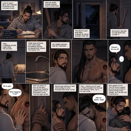 (Recap) Seth Rollins (College student) Arrives at math class and sits at his usual desk,Damien Priest (The bad boy) arrives as well,He sits on the desk next to Seth,Seth was focusing on the math lesson…Damien wasn’t,He was only focusing on Seth like he was the most beautiful angel he’s ever seen,”So beautiful” Damien thought in his mind,After class ended Seth was at his locker when suddenly Damien appeared behind him startling Seth. (And now part 2). It was late at night,Seth just finished studying in his college house. He was about to turn in for the night….Then he heard a noise coming from downstairs. He grabbed a bat and slowly walked downstairs…the front door was open,a sense of dread washed over him. He slowly walked to the door and closed it. Then…a dripping sound came from the kitchen,he slowly walked to the kitchen to investigate…there was nothing,just the sound of dripping water. He sighed and walked to the sink and turned the faucet off. He turned around…and got spooked…..Damien was standing behind him. He was staring at Seth with a blank expression on his face. “Damien?…Are you ok?” Asked Seth. Damien said nothing…he just kept staring. There was a dripping noise again…But this time….it was coming from Damien. Seth looked at Damien’s chest…there were scratch marks on it,Then Seth….Noticed a huge bite mark on Damien’s shoulder. Seth was horrified. “Oh my god” said Seth. Seth looked at Damien. “What happened to you?” Asked Seth. Damien remained silent. Seth was about to turn on the light….then Damien suddenly grabbed Seth’s wrist and pulled it away from the light switch. Seth’s eyes widened. Damien kept looking at Seth while holding his wrist,He pulled Seth Closer to him. They stared at each other…then…..Damien put his head on Seth’s shoulder,Then his body was shaking a little….as if….he was crying,Then…he finally spoke “Help me…please…Angel”. Seth gasped a little,Then he slowly wrapped his arms around Damien. Damien’s body slowly relaxed…As if he felt safe in Seth’s arms