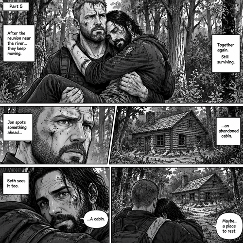 (Part 5). Still in the zombie apocalypse. Jon Moxley was walking in the woods while Holding Seth Rollins in his arms after emotional reunion near the river. Seth was resting his head on Jon’s shoulder while holding on. Jon looked ahead and he sees an abandoned Cabin. Seth Sees it too