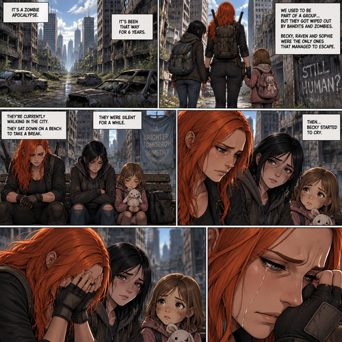 It’s a zombie apocalypse,It’s been that way for 6 years,Becky lynch is surviving with two people,A teenager named Raven and a little girl named Sophie. They used to be part of a group…but they got wiped out by Bandits and Zombies,Becky,Raven and Sophie were the only ones that managed to escape. They’re currently walking in the city. They sat down on a bench to take a break. They were silent for a while. Then…Becky started to cry