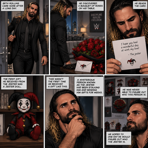 Seth Rollins came home after a long day,He discovered a bouquet of roses on his table. He reads the card,it says “I hope you had a wonderful day at work my love!-The jester”. This wasn’t the first time he received a gift like this. A mysterious person known as the Jester had been stalking him and sending him gifts for weeks. He was never able to figure who this person is. The first gift he received from the jester was a jester doll,He hoped to one day he would figure out who the jester is