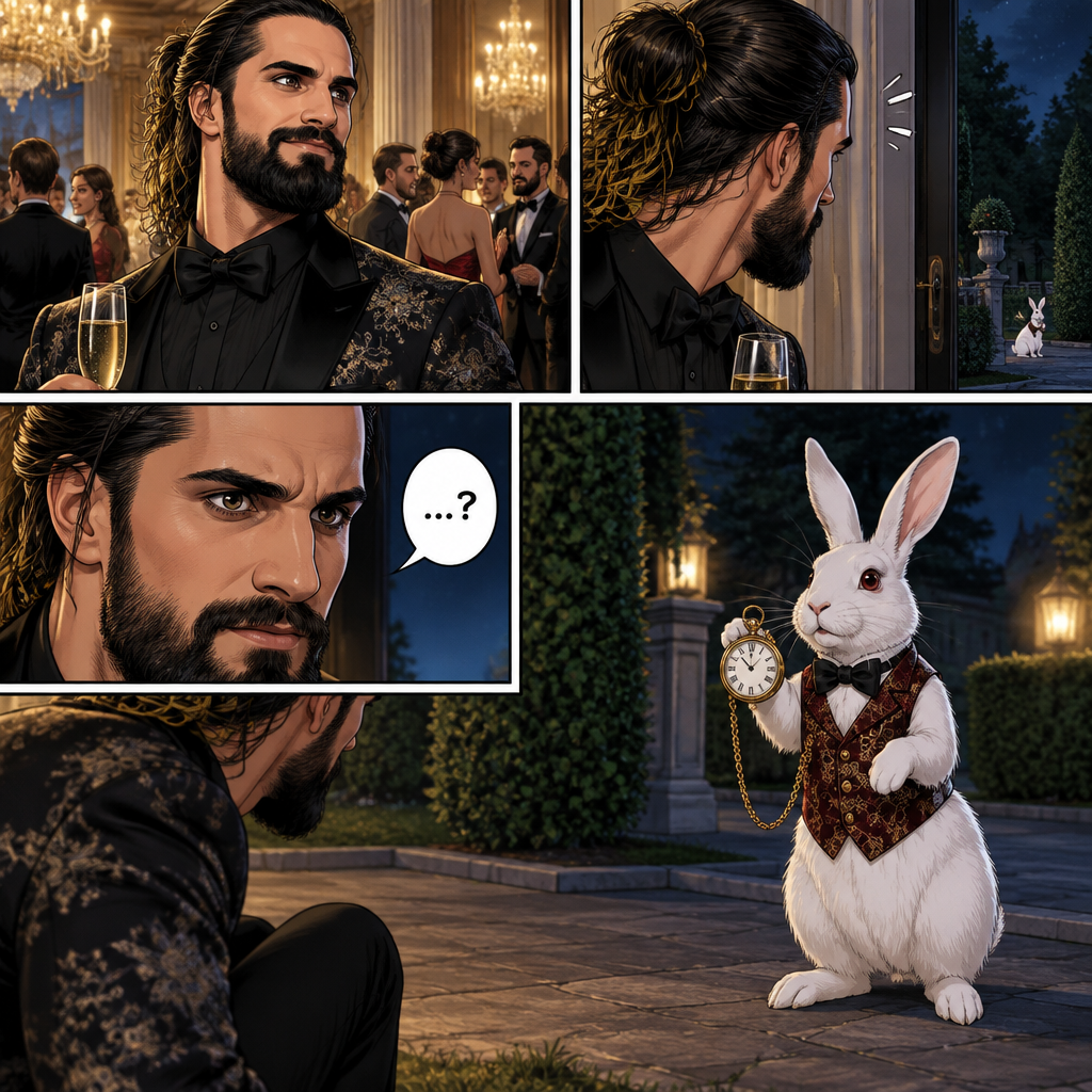 Seth Rollins was at a fancy party,Then he sees a white rabbit outside.It’s wearing a fancy vest and holding a pocket watch