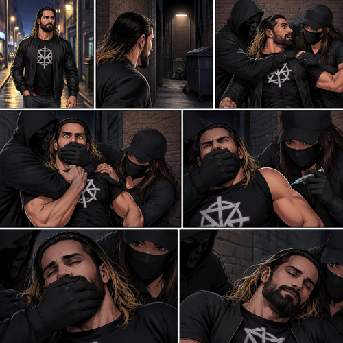 Seth Rollins was walking alone at night,Then…as he walked past an alley…A man and a woman in masks grabbed him.They dragged him to the alleyway,Seth struggled.The masked man covered Seth’s mouth before he could call for help.Seeing that Seth was still struggling The masked woman injected a sedative into his body,despite his best efforts to resist it Seth slowly drifted in unconsciousness