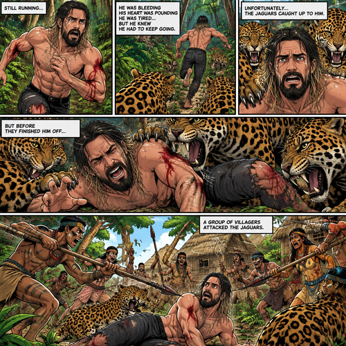 (Recap) Seth Rollins was on a cruise,then one night Thunder came,Seth got up from bed,The ship was rocking against the waves,Seth fell overboard,He swam as best he could,A wave crashed down on him,Everything went black,A few hours later,Seth woke up on shore,He was on an island,8 days have passed,He was still on the island,He walked to the jungle for more food,Then a group of jaguars attacked him,They bit him in the arm and leg,He managed to yank them off him and ran. (And now part 3). Seth was still running from the jaguars. He was bleeding from his wounds and his heart was pounding rapidly,He was tired but he knew he had to keep going. Unfortunately the jaguars caught up to him….but before they finished him off….a group of villagers attacked the Jaguars