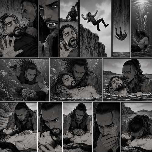 Part 6.Seth Rollins got scared after discovering that the mysterious man (WWE superstar Damien Priest) is a day walker vampire. Seth shoved the man off him…which caused Seth to Stumble and fall off the cliff backwards,Then he hit the water and lost consciousness after. The man was horrified and dived into the water to save Seth,He managed to reach him. He then swam up to the shore with Seth in his arms,He gently put Seth down on the shore. The man panicked,He thought he was gonna lose Seth..again
