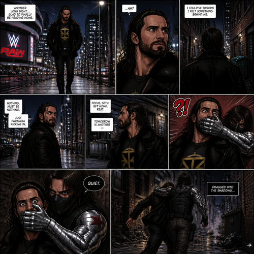 Seth Rollins walking home from the arena alone.Then…he sensed a presence behind him…He turned around…but no one was there.He was about to turn around again…Then he was grabbed from behind…It was the winter soldier.He covered Seth’s mouth with his hand before he could scream.The winter soldier Dragged Seth into an alleyway