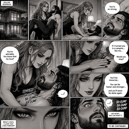 Part 3.Still is Seth Rollins’s house,Still raining outside,Becky Lynch was holding Seth Rollins in her arms,She walked to his bedroom while holding him.She gently put him down on the bed.He looked up at her while blushing. “You’re so strong” Said Seth.Becky simply smiled and got on top of him.Seth’s heart is beating loudly.Becky can hear it,She puts her hand on his chest to feel the heartbeat. “You’re adorable,You know that my love?” Said Becky.Seth was flustered after hearing that. “If I turned you in a vampire..like me…Would you stay?” Asked Becky. “You’ll be immortal,You can be faster and stronger…and you’ll never be alone again” Said Becky. Seth’s eyes widened and his breath hitched a little