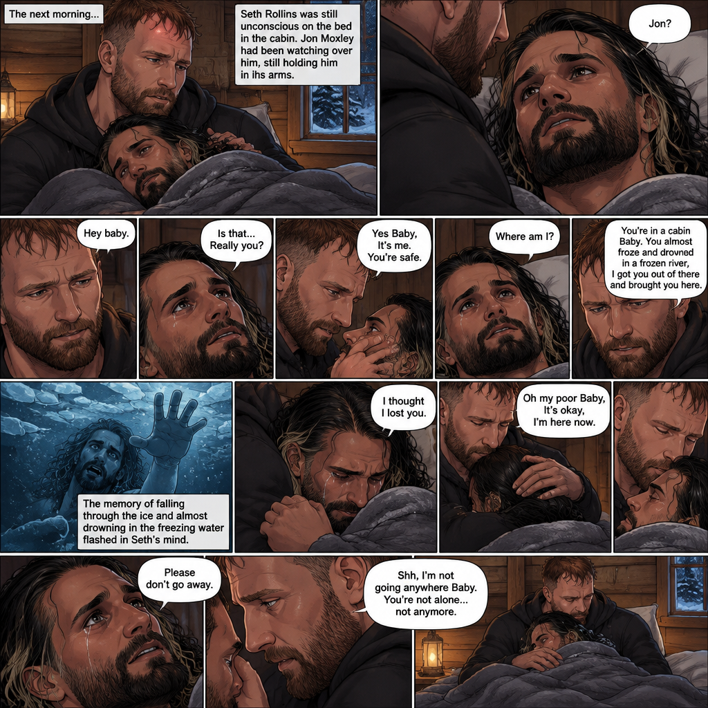 (The monster apocalypse/Moxollins story part 3). The next morning,Seth Rollins was Still unconscious on the bed in the cabin with the blanket wrapped around him to keep him warm. Jon Moxley had been watching over him Still holding him in his arms. Then Seth slowly regained consciousness,The first thing he sees is Jon looking down at him,Then he spoke softly “Jon?”. “Hey baby” Jon said softly. “Is that…Really you?” Seth asked softly. Jon gently stroked Seth’s cheek. “Yes Baby,It’s me,You’re safe” Jon said softly. “Where am I?” Seth asked softly. “You’re in a cabin Baby,You almost froze and drowned in a frozen river,I got you out of there and brought you here” Jon said Softly. The memory of fall through the ice and almost drowning in the freezing water flashed in Seth’s mind. Jon gently hugged him. Then…Seth started crying. Jon gently rubbed his back. “I thought I lost you” Seth said while crying. “Oh my poor Baby,It’s okay,I’m here now” Jon said softly. He gently kissed Seth’s forehead. “Please don’t go away” Seth said through his tears. “Shh,I’m not going anywhere Baby,You’re not alone…not anymore” Jon said softly