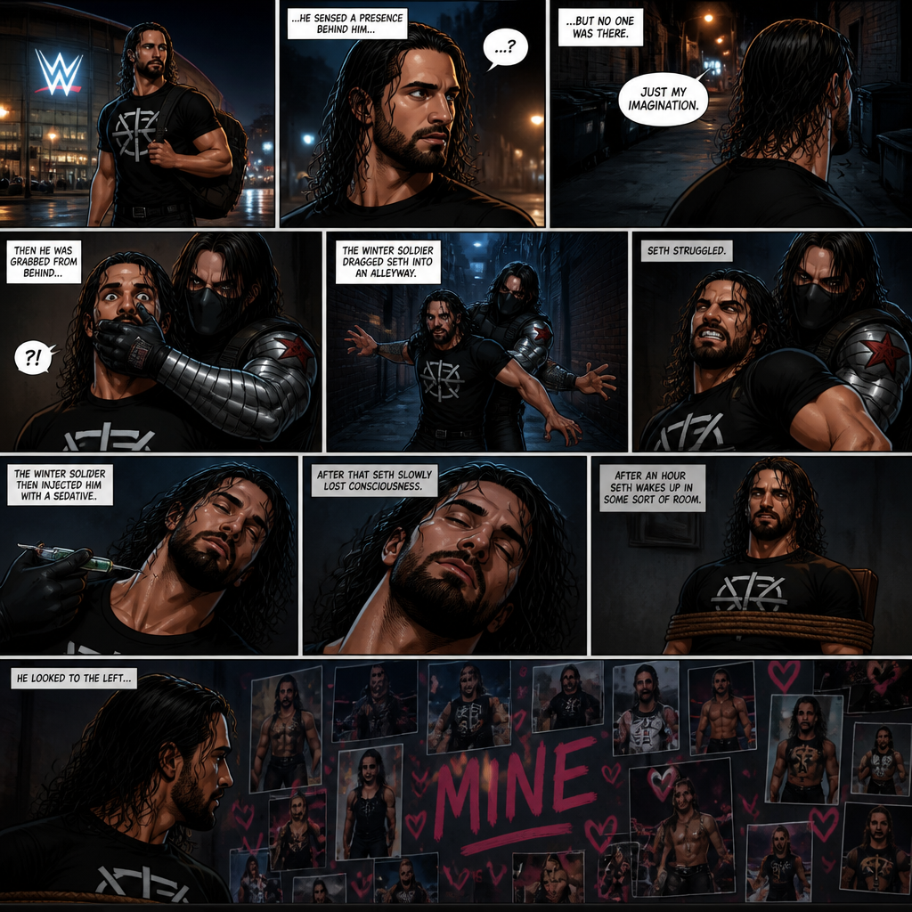 Seth Rollins walking home from the arena alone.Then…he sensed a presence behind him…He turned around…but no one was there.He was about to turn around again…Then he was grabbed from behind…It was the winter soldier.He covered Seth’s mouth with his hand before he could scream.The winter soldier Dragged Seth into an alleyway.Seth struggled.The winter soldier then injected him with a sedative,After that Seth slowly lost consciousness.After an hour Seth wakes up in some sort for room,He was tied to a chair.He looked to the left….There were tons of photos of him and there were hearts around them and in the middle…was the word “mine”.