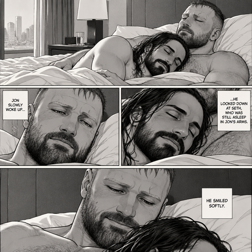 (Part 3). Still in Jon Moxley’s hotel room. The next morning,Jon Moxley and Seth Rollins were asleep after last night’s activity. Jon slowly woke up,He looked down at Seth who was still asleep in Jon’s arms. He smiled softly