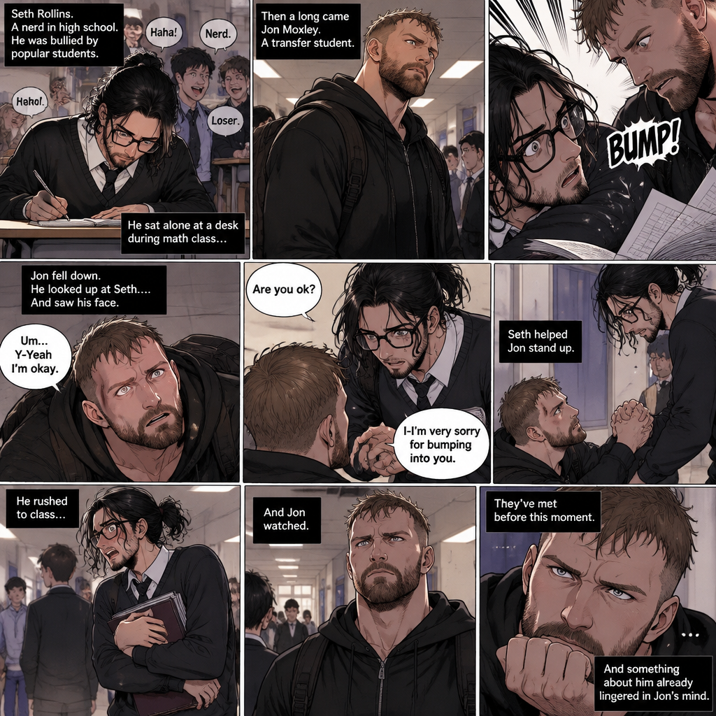 (Yandere x Nerd). Seth Rollins is a nerd in high school,He was bullied by popular students. He sat alone at a desk during math class….Then a long Came Jon Moxley (A transfer student). He sat down at the desk Next to Seth. They’ve met before this moment. Minutes earlier,Jon was walking down to his first class…Then Seth accidentally bumped into him and Jon fell down. He looked up at Seth….And saw his face. “Are you ok?” Seth asked. “Um….Y-Yeah I’m okay” Said Jon. Seth helped Jon stand up. “I-I’m very sorry for bumping into you” said Seth. He rushed to class and Jon watched.