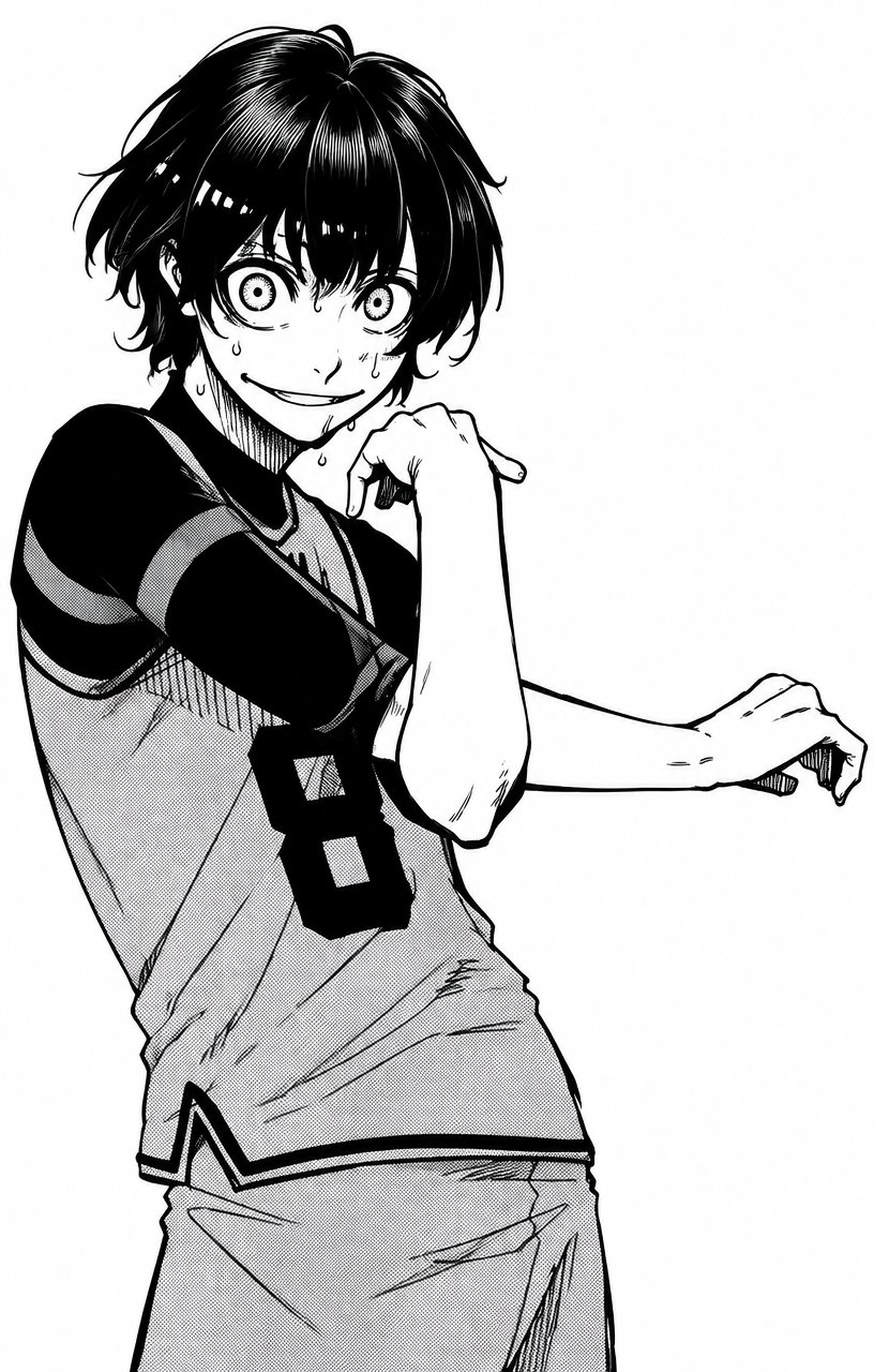 Black-and-white manga person standing with one arm extended and hand near face