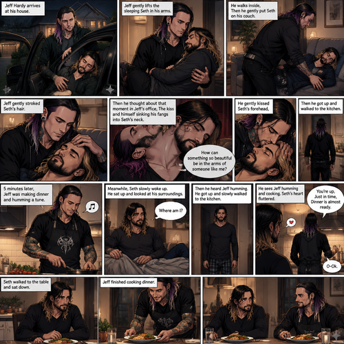 (Part 5 of the Vampire x human story) Jeff Hardy arrives at his house. He walks to the passenger side and gently lifts the sleeping Seth Rollins in his arms. He walks inside,Then he gently put Seth on his couch. He gently stroked Seth’s hair. Then he thought about that moment in Jeff’s office,The kiss and himself sinking his fangs into Seth’s neck. “How can something so beautiful be in the arms of someone like me?” Jeff asked himself. He gently kissed Seth’s forehead,Then he got up and walked to the kitchen. 5 minutes later,Jeff was making dinner and humming a tune. Meanwhile,Seth slowly woke up,He sat up and looked at his surroundings. “Where am I?” Seth asked himself,Then he heard Jeff humming. He got up and slowly walked to the kitchen. He sees Jeff humming and cooking. Seth’s heart fluttered. Then Jeff noticed Seth. “You’re up,Just in time,Dinner is almost ready” Said Jeff. “O-Ok” Seth said nervously. Seth walked to the table and sat down. Jeff finished cooking dinner