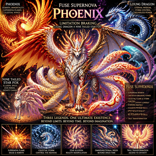 Fuse super nova Phoenix, limitation braking loung dragon and nine tailed star fox as a new creature that has all the best appearance form Phoenix, loung dragon and nine tailed fox.