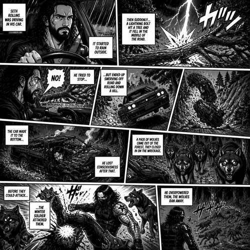 Seth Rollins was driving in his car,It started to rain outside.Then suddenly a lightning bolt hit a tree and it fell in the middle of the road.He Tried to stop…But ended up swerving off road and rolling down a hill.The car made it to the bottom,He lost consciousness after that.A pack of wolves came out of the forest,They closed in on the wreckage,Before they could attack…the winter soldier attacked them.He overpowered them,The wolves ran away.