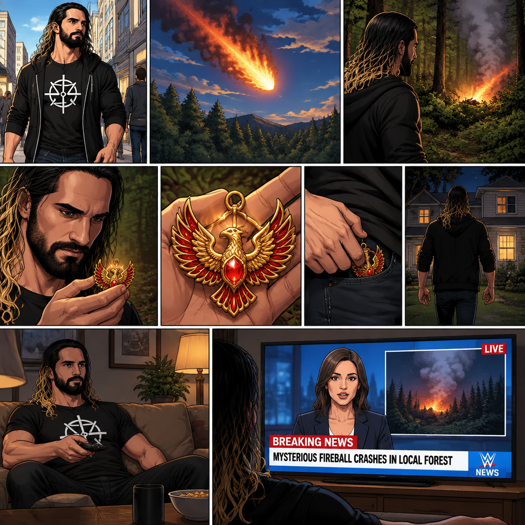 Seth Rollins was walking down the street,Then suddenly a fire ball came out of the sky and crash landed in the nearby forest.Out of curiosity he went to investigate.He sees an amulet that’s shaped like a phoenix.he didn’t know why….but he felt like…he should take it,He picked it up and stared at it.He puts it in his pocket and walks home.He sits on the couch and turns on the tv.A news report about the fireball was on