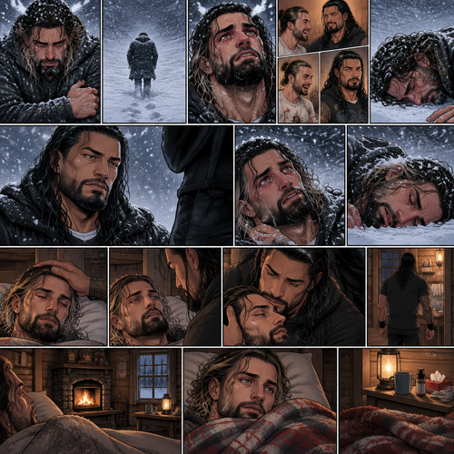 There was a blizzard outside,Seth Rollins was in the middle of it,He had just escaped a horde of zombies hours before.He was shaking because of the cold.He walked around in the blizzard completely lost.His tears streamed down his face.He started having flashbacks about the time before the Zombie Apocalypse began.Eventually….He stopped walking…And fell onto the snow,Then….he heard footsteps walking towards him…and stopped in front of him.He looked up…It was Roman Reigns.He thinks it’s a hallucination. “Roman…I’m so sorry” Seth said to the “Hallucination”,Then he slowly lost consciousness. ???? Days later,Seth was still unconscious,He felt a hand gently stroke his head,He slowly regained consciousness,The first thing he saw when he woke up…was Roman looking at him and Gently stroking his head.He tried to speak “Ro-“. “Shh,Try not to speak,You’ve been out for 5 days,Just focus on your health ok?” Roman said Softly.Seth gave a small nod.Roman smiled softly and gently kissed his forehead.Roman went to the bathroom to get Seth some cold medicine.Seth looked at his surroundings while he waited,He noticed this place is some sort of cabin,Then he noticed he was gently wrapped in a warm blanket