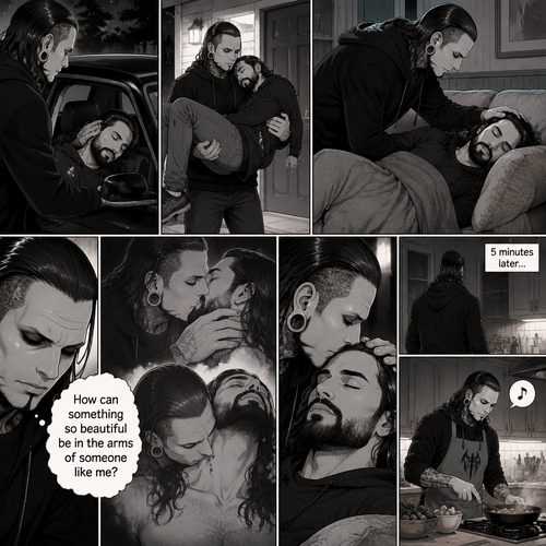 (Part 5 of the Vampire x human story) Jeff Hardy arrives at his house. He walks to the passenger side and gently lifts the sleeping Seth Rollins in his arms. He walks inside,Then he gently put Seth on his couch. He gently stroked Seth’s hair. Then he thought about that moment in Jeff’s office,The kiss and himself sinking his fangs into Seth’s neck. “How can something so beautiful be in the arms of someone like me?” Jeff asked himself. He gently kissed Seth’s forehead,Then he got up and walked to the kitchen. 5 minutes later,Jeff was making dinner and humming a tune