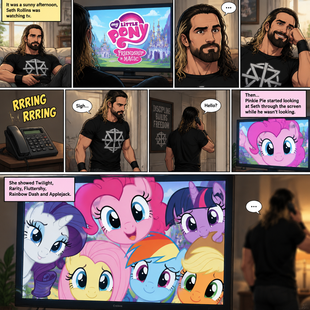 It was a sunny afternoon,Seth Rollins was watching tv,Then my little pony came on. Curiosity got the better of him so he watched,He ended up enjoying the show.Then his home phone rang,He sighed and got up to answer it,Then….Pinkie Pie started looking at Seth through the screen while he wasn’t looking.She showed Twilight,Rarity,Fluttershy,Rainbow Dash and Applejack