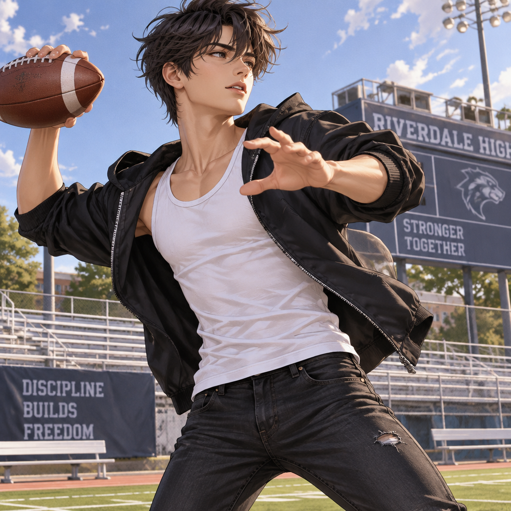 17 years old boy, white tank , top, black jacket, and skinny jeans, throw football with hands