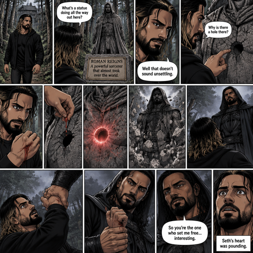 Seth Rollins was walking in the woods near his house,Then…he discovered an old statue Of a man in a cloak (Roman Reigns). “What’s a statue doing all the way out here?” Seth asked himself. He looks at the nameplate “Roman Reigns,A powerful sorcerer that almost took over the world”. “Well that doesn’t sound unsettling” Seth said to himself sarcastically. Then he noticed a hole on the statue. “Why is there a hole there?” Seth asked himself. Then….Seth somehow accidentally cut his hand. A little bit of his blood dripped into the hole,Then…..the hole started glowing,Then the statue….started to crack. Then…the statue broke apart….revealing…the sorcerer himself. Seth was shocked. The sorcerer looked down at Seth. Seth was about to scramble away…but the sorcerer grabbed His wrist before he could get away. He pulled Seth up off the ground by the wrist. He looked at the cut on Seth’s hand. Then he looked back at Seth. Then..the sorcerer spoke “so you’re the one who set me free…interesting”. Seth’s heart was pounding