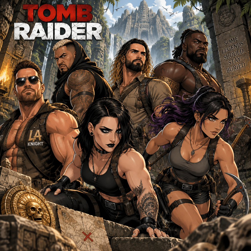 LA Knight,Solo Sikoa,Seth Rollins,Oba Femi,Rhea Ripley and Ari Stone (My wrestler oc) in Tomb Raider