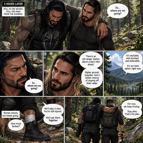 (Part 2 of the Zombie Apocalypse story). Still in the woods,Still far away from the zombies. Roman Reigns was still limping from the sprained ankle and Seth Rollins was helping him walk. It had been 4 hours since they reunited. “So…where are we going?” Roman asked