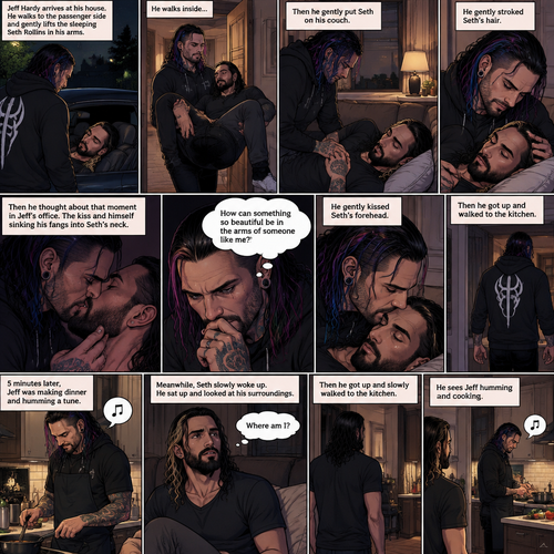 (Part 5 of the Vampire x human story) Jeff Hardy arrives at his house. He walks to the passenger side and gently lifts the sleeping Seth Rollins in his arms. He walks inside,Then he gently put Seth on his couch. He gently stroked Seth’s hair. Then he thought about that moment in Jeff’s office,The kiss and himself sinking his fangs into Seth’s neck. “How can something so beautiful be in the arms of someone like me?” Jeff asked himself. He gently kissed Seth’s forehead,Then he got up and walked to the kitchen. 5 minutes later,Jeff was making dinner and humming a tune. Meanwhile,Seth slowly woke up,He sat up and looked at his surroundings. “Where am I?” Seth asked himself,Then he heard Jeff humming. He got up and slowly walked to the kitchen. He sees Jeff humming and cooking