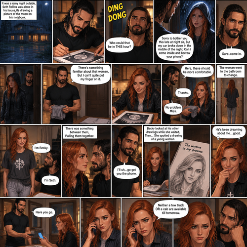 It was a rainy night outside,Seth Rollins was alone in his house,He drawing a picture of the moon on his notebook.Then the doorbell rang. “Who could that be in THIS hour?” Seth  asked himself. He got up and opened the door,A young Irish woman (Becky Lynch) was standing outside on his porch soaking wet from the rain wearing a hood. “Sorry to bother you this late at night sir,But my car broke down in the middle of the night,Can I come inside and borrow your phone?” Asked the woman.Seth looked at the woman,There was this…aura about her that he couldn’t quite explain.He decided to let her in. “Sure..come in” said Seth.The woman walked in and Seth shut the door.He walked out to his bedroom to get the woman some nice dry clothes to wear,The woman was waiting in the kitchen,She noticed the drawing on the table.She smiled.Seth came back and handed her the clothes. “Thanks” said the Woman. “No problem Miss” Said Seth.The woman went to the bathroom to change. “There’s something familiar about that woman,But I can’t quite put my finger on it” Seth said to himself.After a while she came out wearing the clothes.She sat down at the table with him.”I’m Becky” Said Becky. “I’m Seth” Said Seth.There was something between them,Pulling them together.”I’ll uh…go get you the phone” Seth said nervously .He gets up to get the phone from the living room.Becky looked at his other drawings while she waited,Then…She spotted a drawing of a young woman.The drawing was called “The woman in my dreams”.That woman….was Becky herself.She simply smiled to herself. “He’s been dreaming about me….good” Becky said to herself.Seth came back with the phone in his hand,He handed it to her.Becky used the phone to call a tow truck company and then a cab.After awhile she hung up the phone with a disappointed look on her face. “Neither a tow truck OR a cab are available till tomorrow” Said Becky