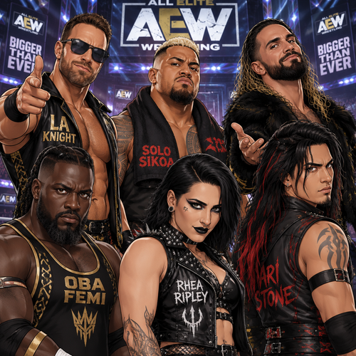 LA Knight,Solo Sikoa,Seth Rollins,Oba Femi,Rhea Ripley and Ari Stone (My wrestler oc) in AEW