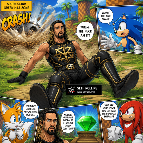 WWE superstar Seth Rollins Crash landing in the sonic the hedgehog universe 