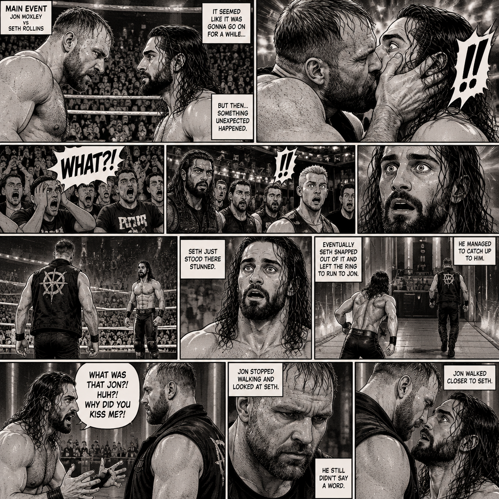 Jon Moxley and Seth Rollins were in a match against each other. It’s the main event. It seemed like it was gonna go on for a while…but then….something unexpected happened. Jon cupped his hands on Seth’s face….pulled him in…and kissed him. Seth’s eyes widened,The fans went crazy with shock,even some of the superstars that were watching were shocked. Jon then pulled away. Seth just stood there stunned. Jon didn’t say a word,he walked out of the ring and walked up the ramp. Seth eventually snapped out of it and left the ring to run to Jon. He managed to catch up to him. “What was that Jon?! Huh?! Why did you kiss me?!” Seth asked. Jon stopped walking and looked at Seth,He still didn’t say a word. He walked closer to Seth