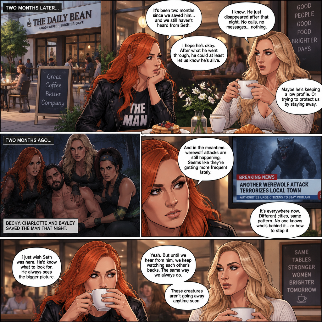 (Part 2 of the Werewolf X human story). It’s been two months since the night Becky Lynch and Her friends Charlotte Flair and Bayley saved the Man (Seth Rollins). They haven’t seen him since. Becky and charlotte were having brunch at a cafe,They were talking about the recent werewolf attacks