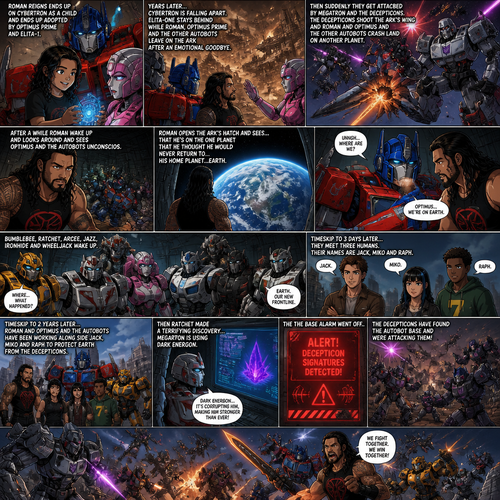 WWE Superstar Roman Reigns ends up on Cybertron as a child and ended up adopted by Optimus Prime and Elita-1.Years later Cybertron is falling apart,Elita-One stays behind while Roman,Optimus Prime and the other Autobots leave on the ark after an emotional goodbye.Then suddenly they get attacked by Megatron and the Decepticons.Then The Deceptions shoot the ark’s wing and Roman and Optimus and the other Autobots crash land on another planet.After A while Roman wake up and looks around and sees Optimus and the Autobots unconscious.Roman opens the Arks hatch and sees…That he’s on the one planet that he thought he would never return to…His home planet..Earth.Then Optimus wakes up.Roman explains to him that they’re on earth,Then bumblebee,Ratchet,Arcee,Jazz,Ironhide and wheel jack wakes up.Timeskip to 3 days later.They meet Three humans,Thier names are Jack,Miko and Raph.Timeskip to 2 years later.Roman and Optimus and the Autobots have been working along side Jack,Miko and Raph to protect earth from the Decepticons.Then Ratchet made a terrifying discovery…Megatron is using Dark energon.Then the base alarm went off.The Decepticons have found the Autobot base and were attacking them