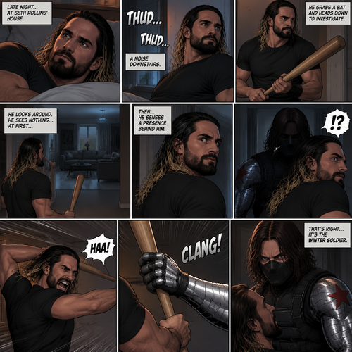 Seth Rollins was in his house about to go to bed…then he heard a noise downstairs. He grabbed a bat and went downstairs to investigate. He looked around,He sees nothing….at first…then he sensed a presence behind him. He swung the bat at the intruder…But the intruder grabbed it….with his metal arm. That’s right…it’s the winter soldier