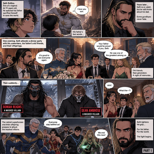 (Part 1 of an Ambrolleigns story) Seth Rollins is the son of a famous superhero. When he was 15 years old his sad sacrificed himself to save the world,the last this his dad said to him was “I love you son”. As an adult he still thinks about his dad. One day He was attending a dinner party with his coworkers and his father’s old friends and their offsprings,Then suddenly….Two masked villains (Roman Reigns and Dean Ambrose) bursts in. Some people screamed and the retired superhero’s and their offspring prepared to attack the masked villains