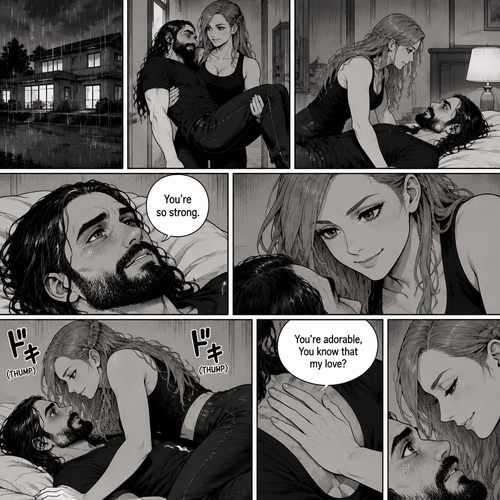Part 3.Still is Seth Rollins’s house,Still raining outside,Becky Lynch was holding Seth Rollins in her arms,She walked to his bedroom while holding him.She gently put him down on the bed.He looked up at her while blushing. “You’re so strong” Said Seth.Becky simply smiled and got on top of him.Seth’s heart is beating loudly.Becky can hear it,She puts her hand on his chest to feel the heartbeat. “You’re adorable,You know that my love?” Said Becky