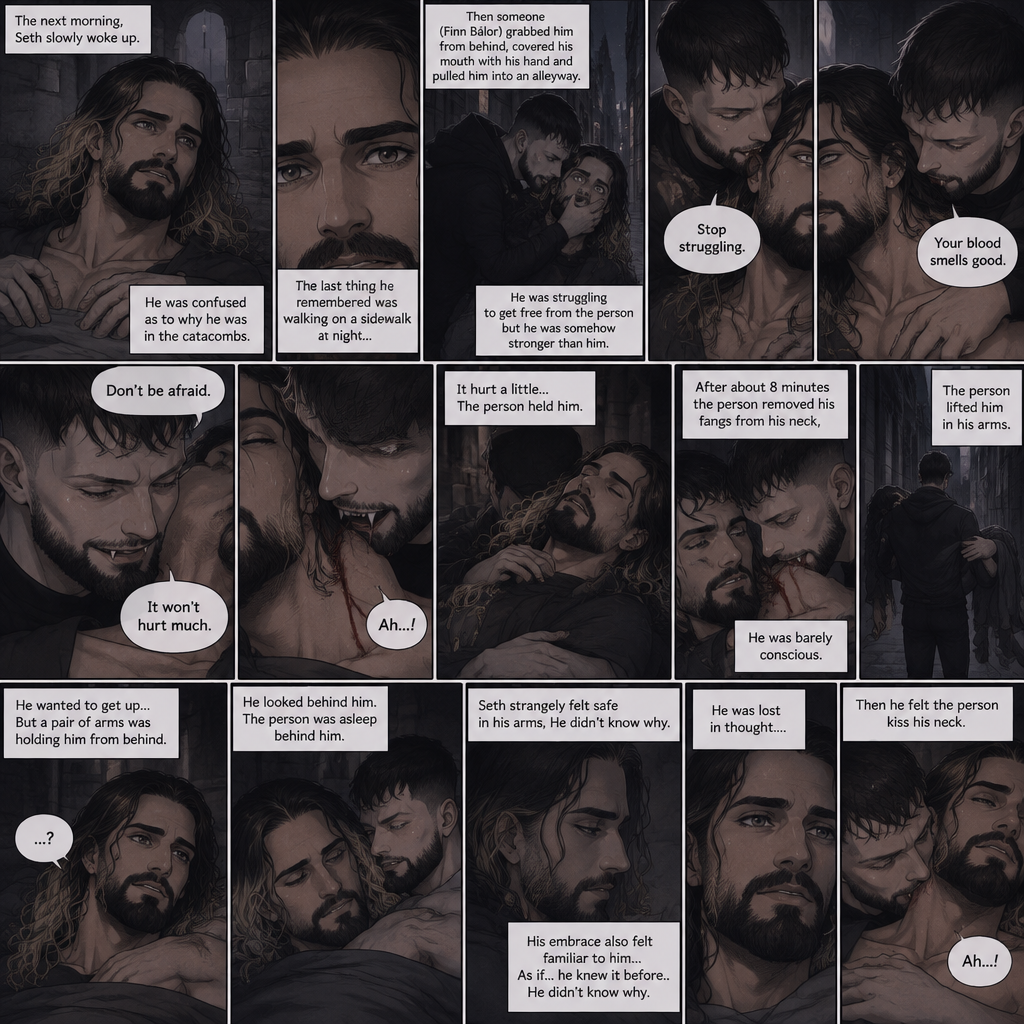 (Vampire Finn Bálor x Reincarnated Seth Rollins Part 3) The next morning,Seth slowly woke up. He was confused as to why he was in the catacombs.The last thing he remembered was walking on a sidewalk at night,Then someone (Finn Bálor grabbed him from behind,Covered his mouth with his hand and pulled him into an alleyway,He was struggling to get free from the person but he was somehow stronger than him,The person got irritated and told him to stop struggling,Then the person sniffed his neck and said that his blood smelled good,His heart was pounding with fear,The person said to Don’t be afraid and that it wouldn’t hurt much,Then the person’s fangs pierced his neck,It hurt a little,The person held him,After about 8 minutes the person removed his fangs from his neck,he was barely conscious,The person lifted him in his arms. That’s all he remembered. He wanted to get up…But a pair of arms was holding him from behind him. He looked behind him,The person was asleep behind him. Seth strangely felt safe in his arms,He didn’t know why. His embrace also felt familiar to him…As if…he knew it before..He didn’t know why. He was lost in thought….Then he felt the person kiss his neck. He gasped softly